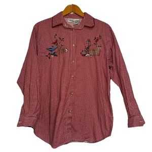 Vintage Capacity Red Gingham Button Up Shirt W Embroidered Cats Cardinals Garden